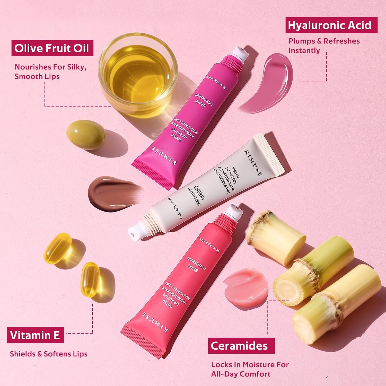 image:imageKIMUSE 3 Pack Tinted Lip Balm Ceramide amp Hyaluronic Acid Glossy FinishBerry Grape Cherry
