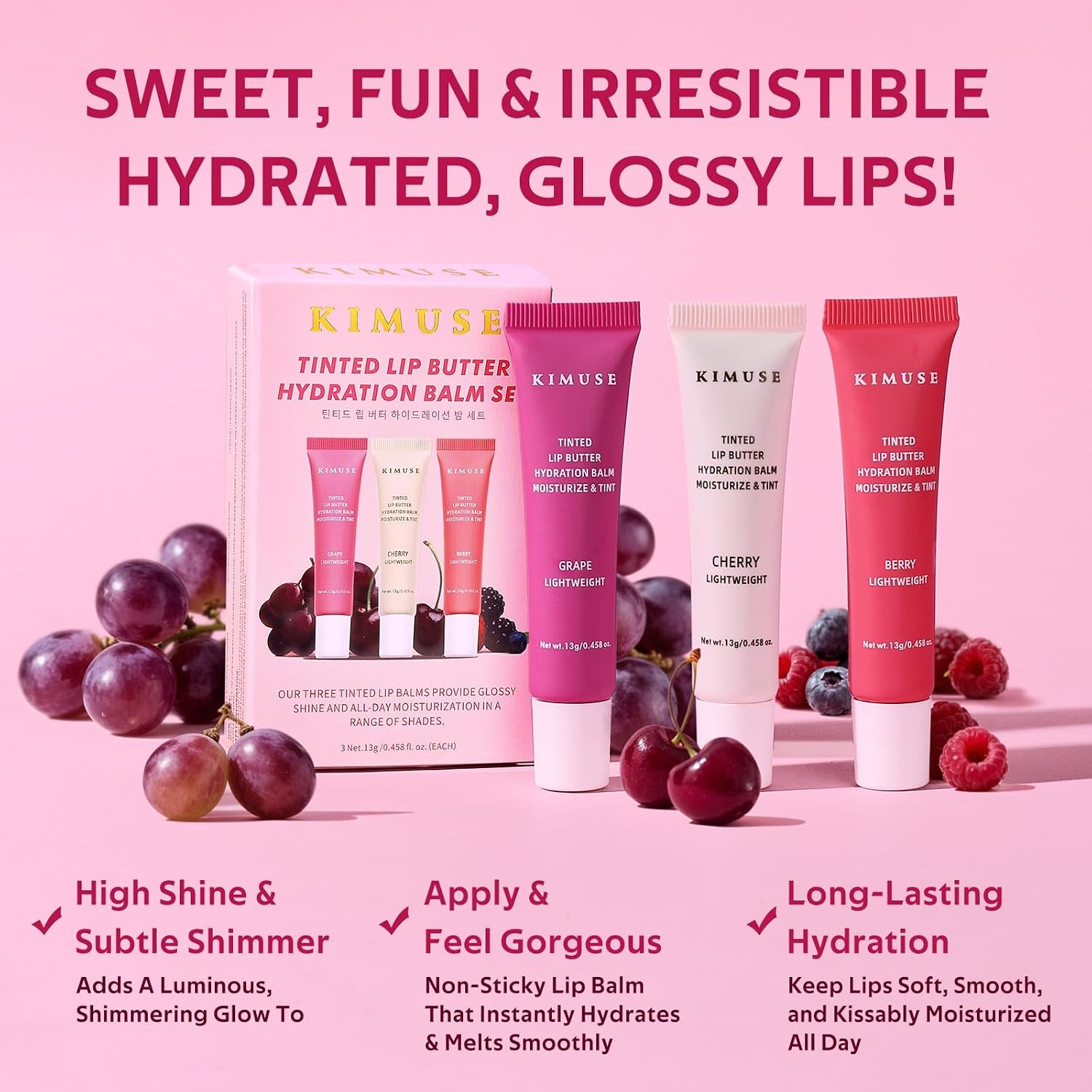 image:imageKIMUSE 3 Pack Tinted Lip Balm Ceramide amp Hyaluronic Acid Glossy FinishBerry Grape Cherry