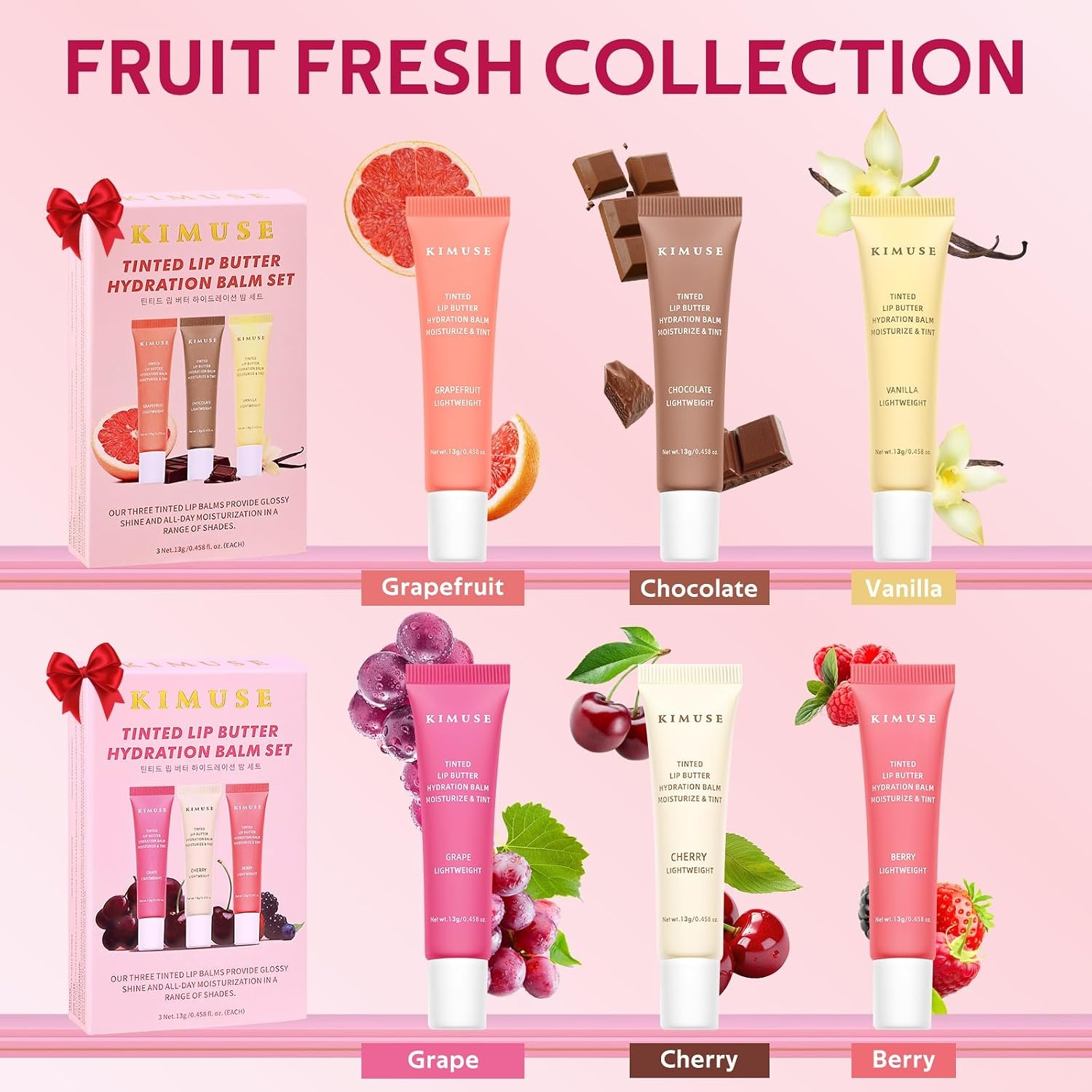 image:imageKIMUSE 3 Pack Tinted Lip Balm Ceramide amp Hyaluronic Acid Glossy FinishBerry Grape Cherry