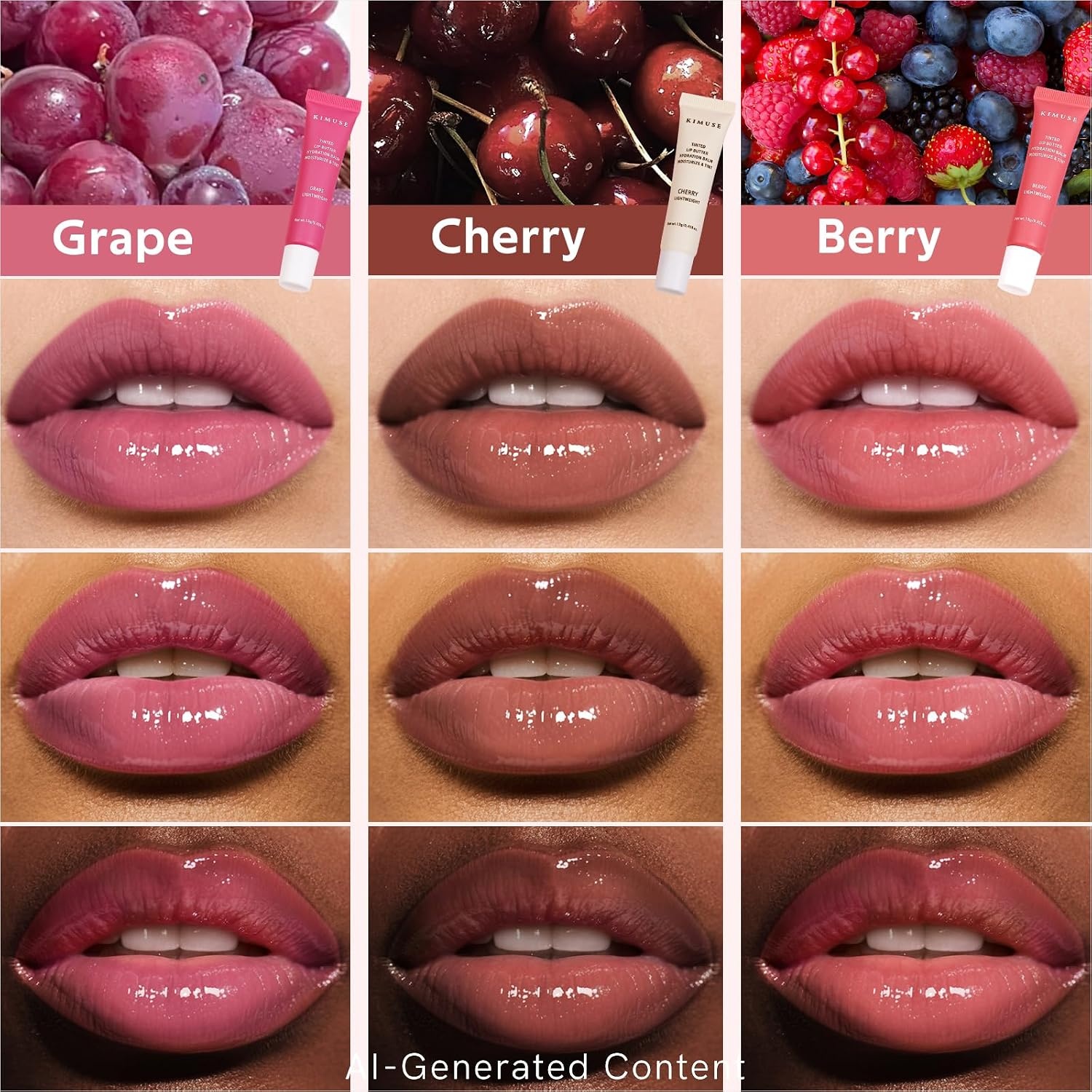 image:imageKIMUSE 3 Pack Tinted Lip Balm Ceramide amp Hyaluronic Acid Glossy FinishBerry Grape Cherry