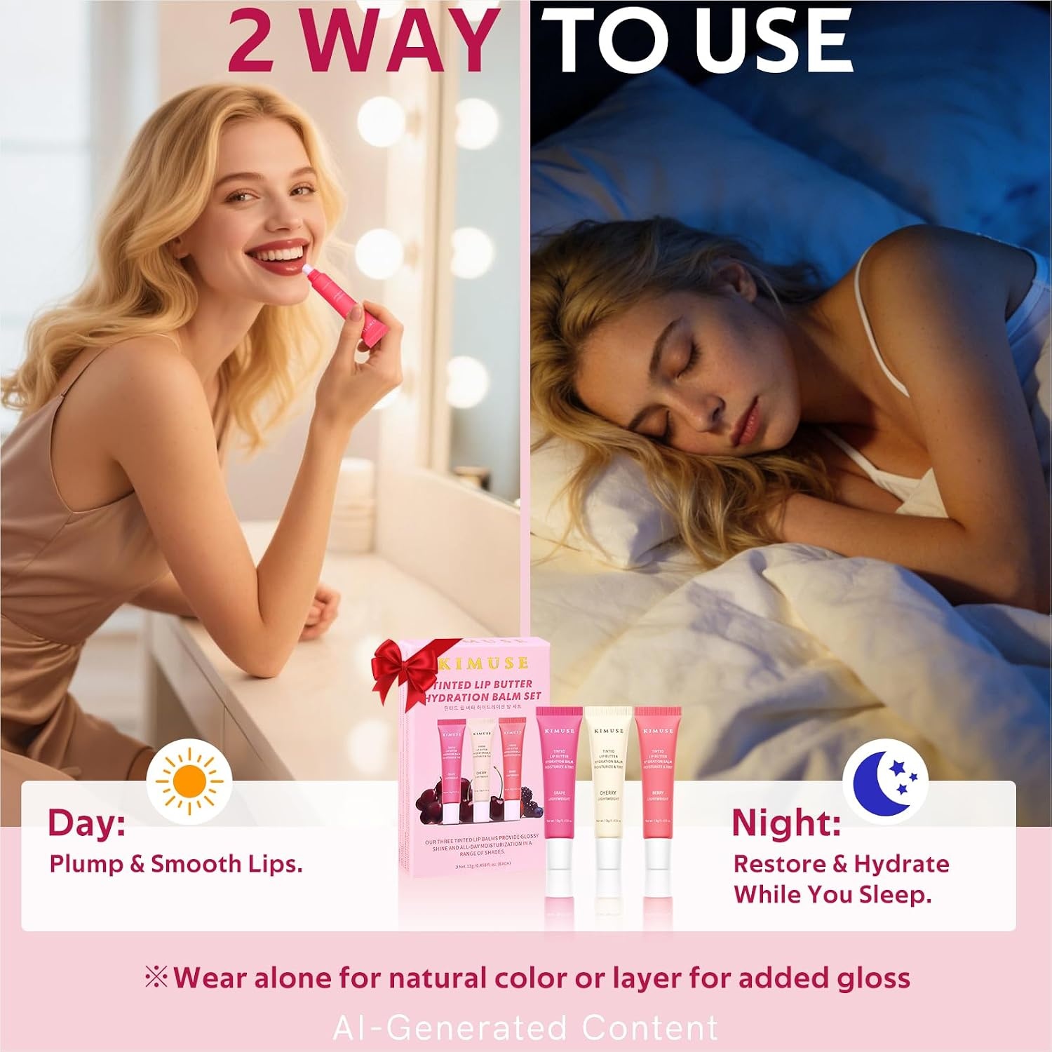 image:imageKIMUSE 3 Pack Tinted Lip Balm Ceramide amp Hyaluronic Acid Glossy FinishBerry Grape Cherry