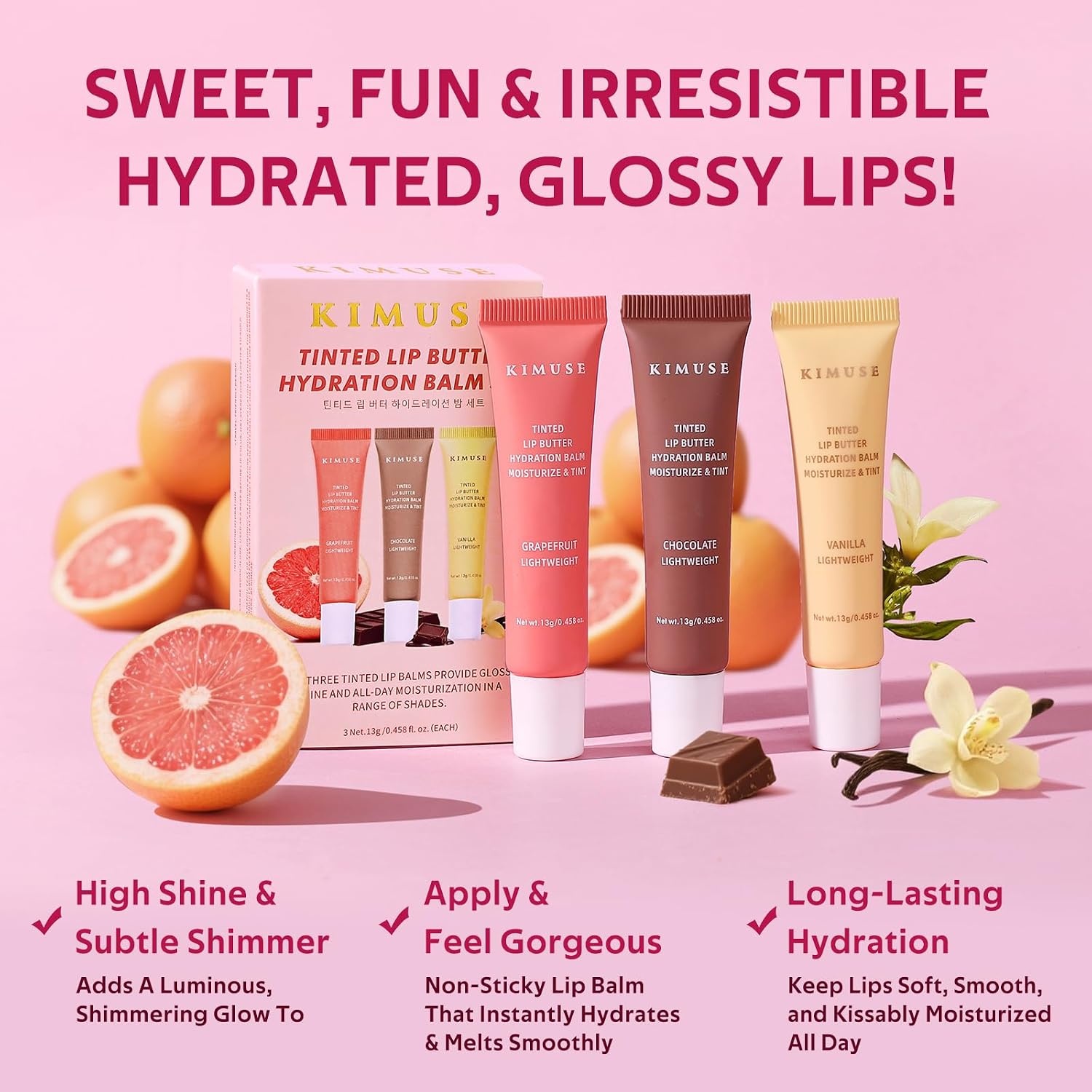 image:imageKIMUSE 3 Pack Tinted Lip Balm Ceramide amp Hyaluronic Acid Glossy FinishVanilla Chocolate Grapefruit