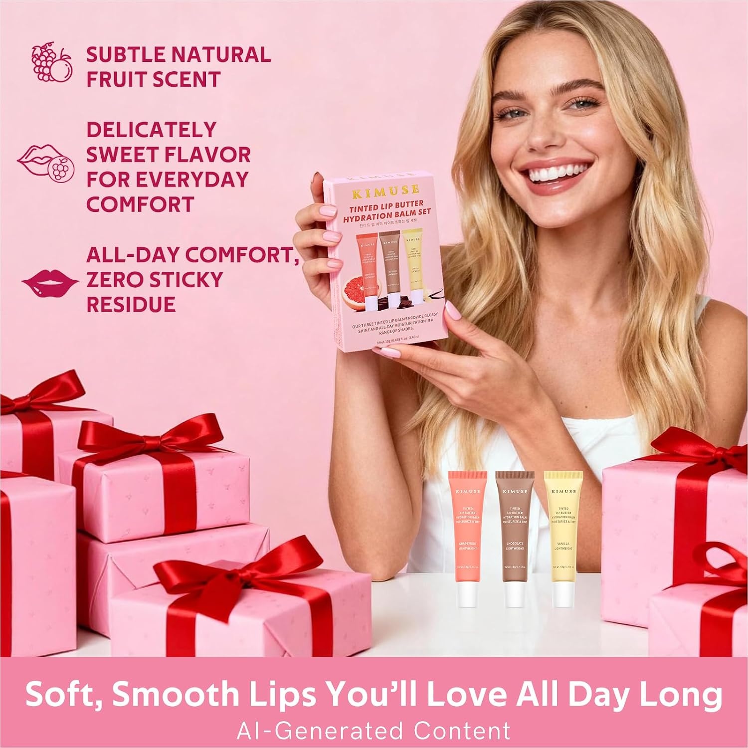 image:imageKIMUSE 3 Pack Tinted Lip Balm Ceramide amp Hyaluronic Acid Glossy FinishVanilla Chocolate Grapefruit