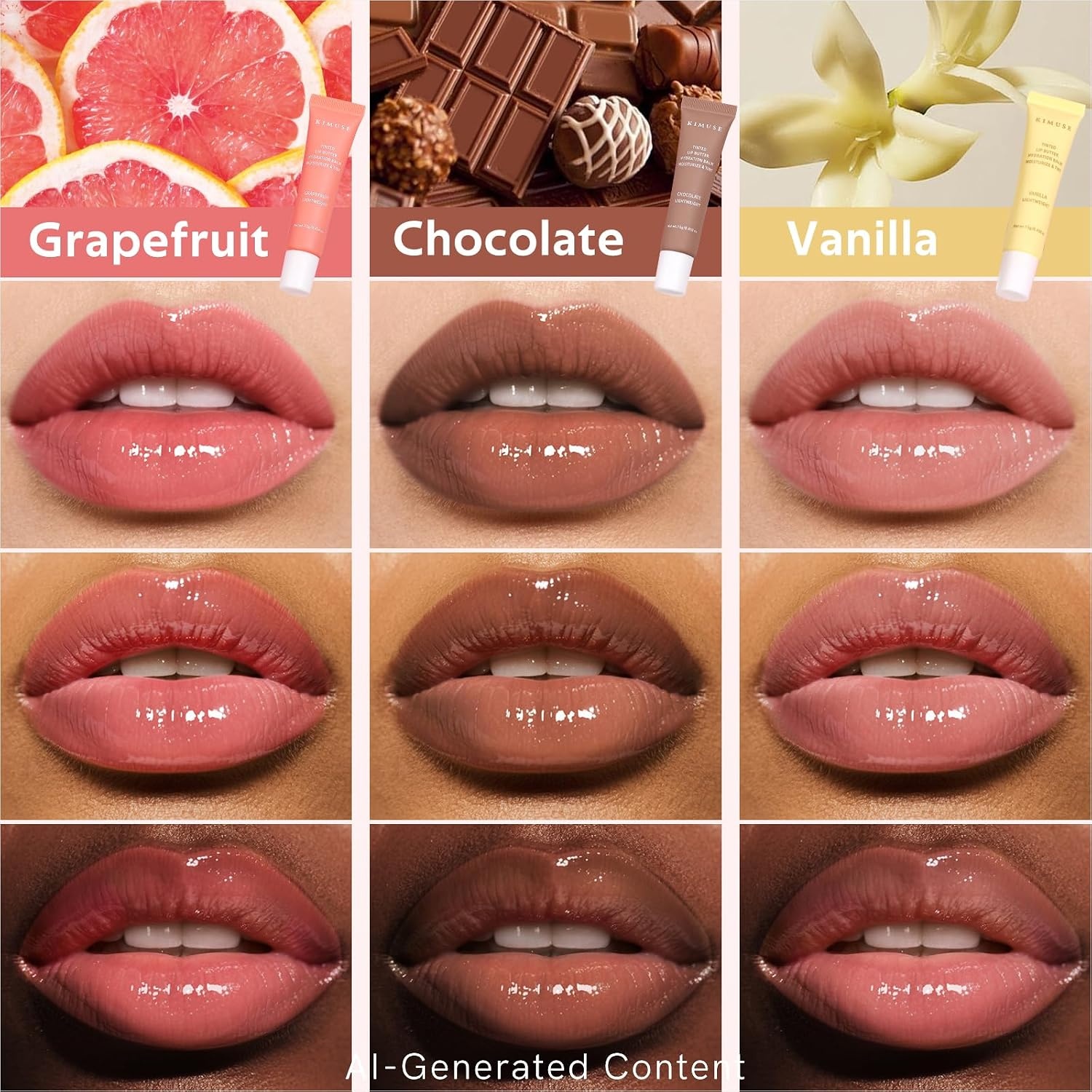 image:imageKIMUSE 3 Pack Tinted Lip Balm Ceramide amp Hyaluronic Acid Glossy FinishVanilla Chocolate Grapefruit