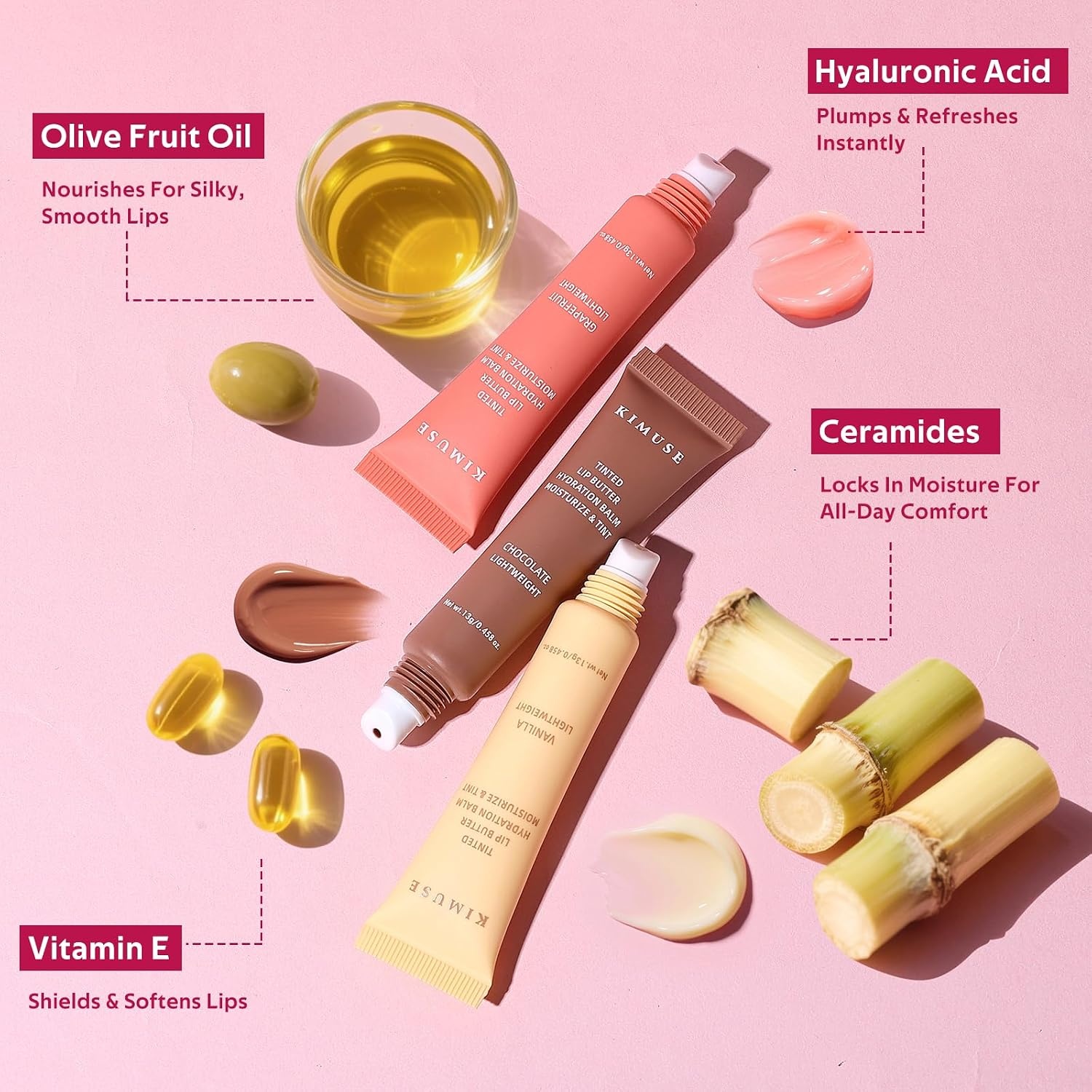 image:imageKIMUSE 3 Pack Tinted Lip Balm Ceramide amp Hyaluronic Acid Glossy FinishVanilla Chocolate Grapefruit