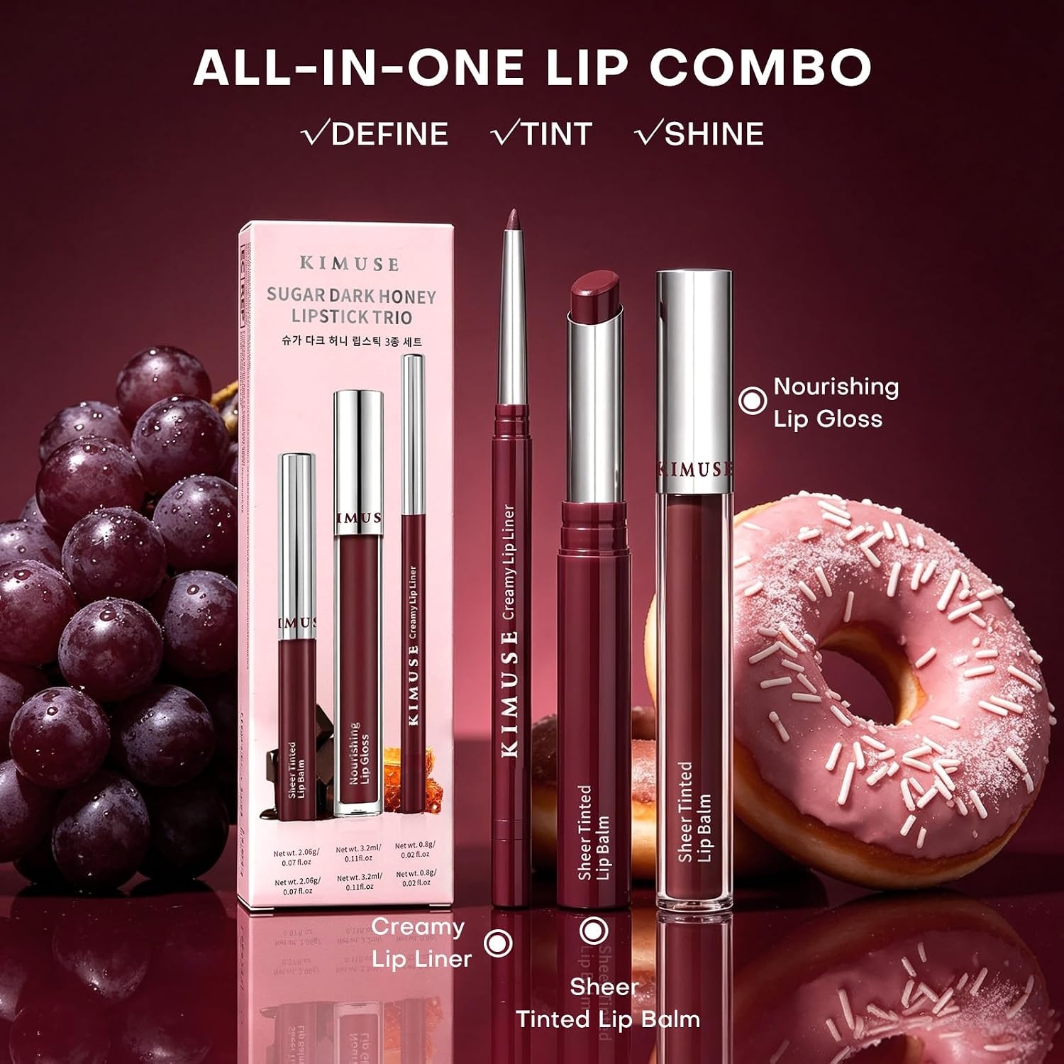 image:imageKIMUSE 3Step Plumping Lip Combo Set for Mature Skin Liner Balm amp Gloss