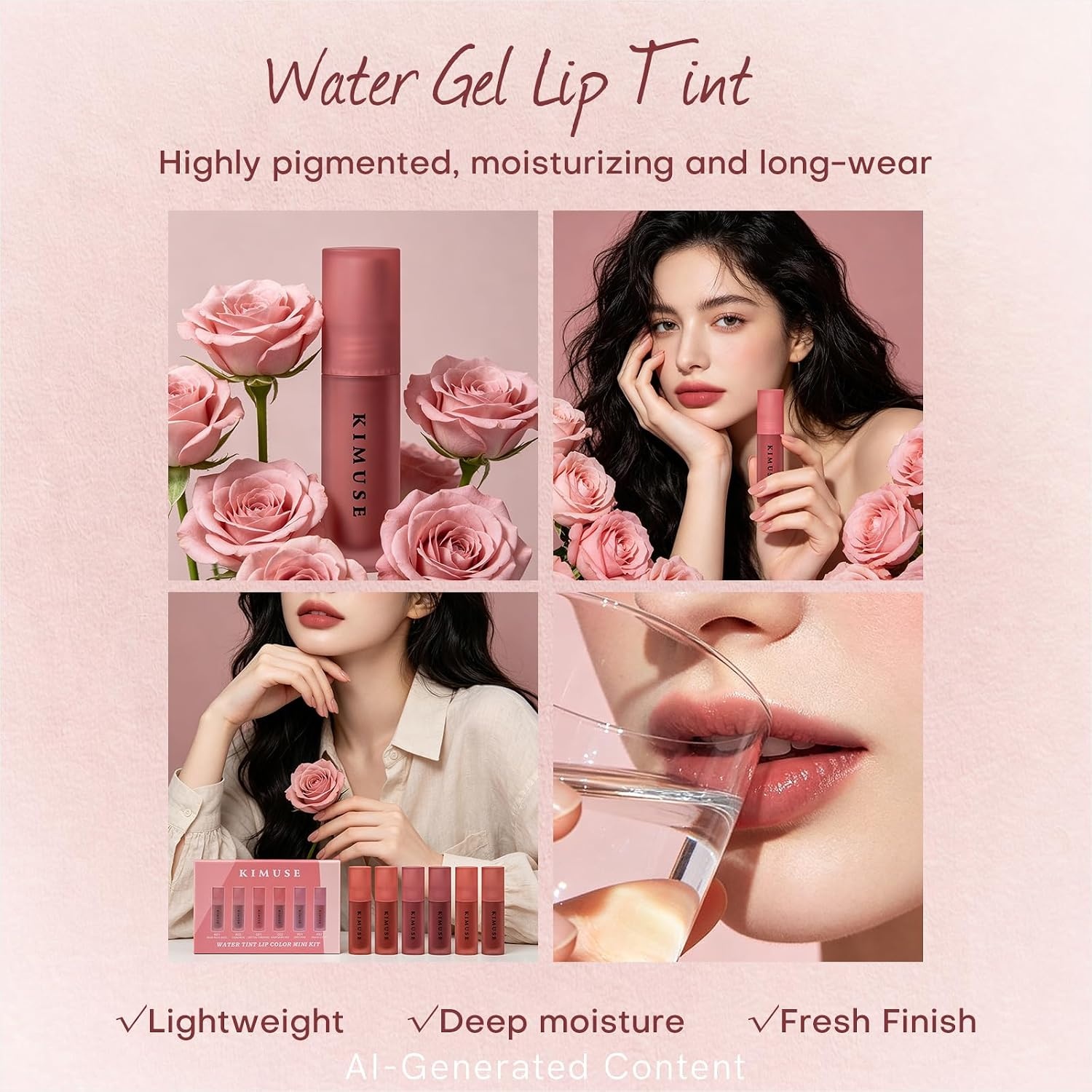 image:imageKIMUSE Water Gel Lip Tint 6Colors Set Highly Pigmented Glossy Lip Stains6PCS